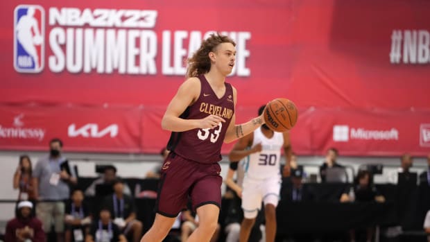 Jul 13, 2022; Las Vegas, NV, USA; Cleveland Cavaliers forward Luke Travers (33) dribbles against the Charlotte Hornets during an NBA Summer League game at Cox Pavilion.